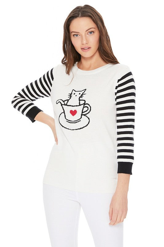 Mak Cute Cat In Cup Jacquard Sweater Top