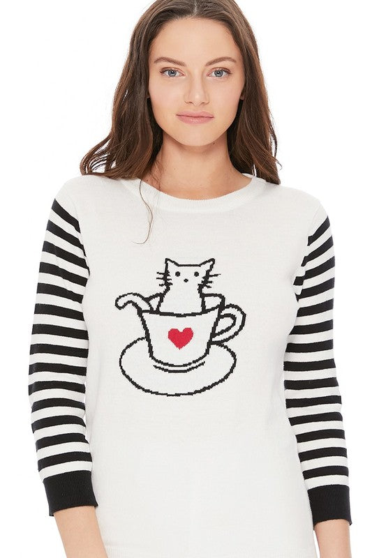 Mak Cute Cat In Cup Jacquard Sweater Top