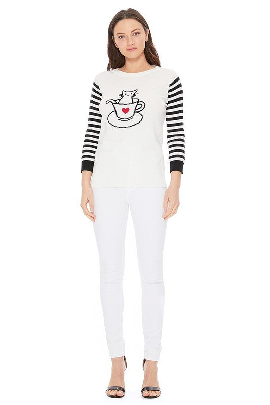 Mak Cute Cat In Cup Jacquard Sweater Top