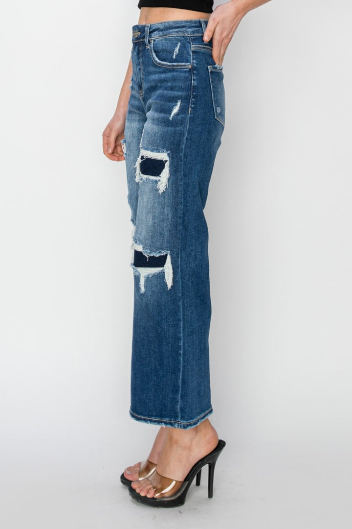 Risen High Rise Patch Detailed Wide Leg Crop Jeans