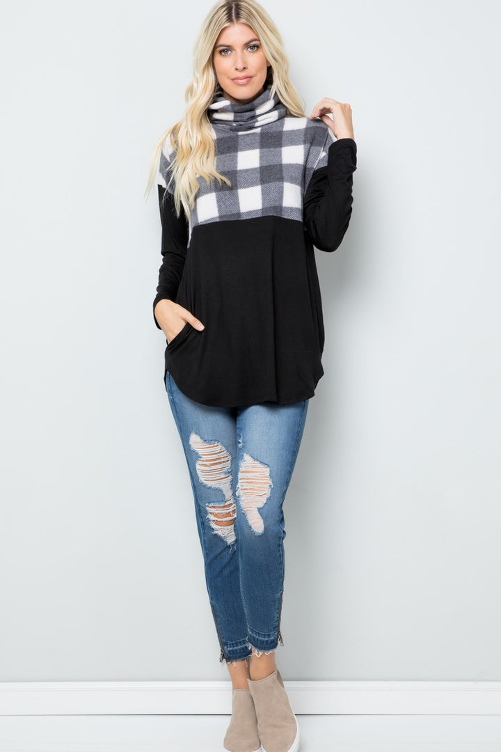 Celeste Plaid Turtleneck Long Sleeve Blouse