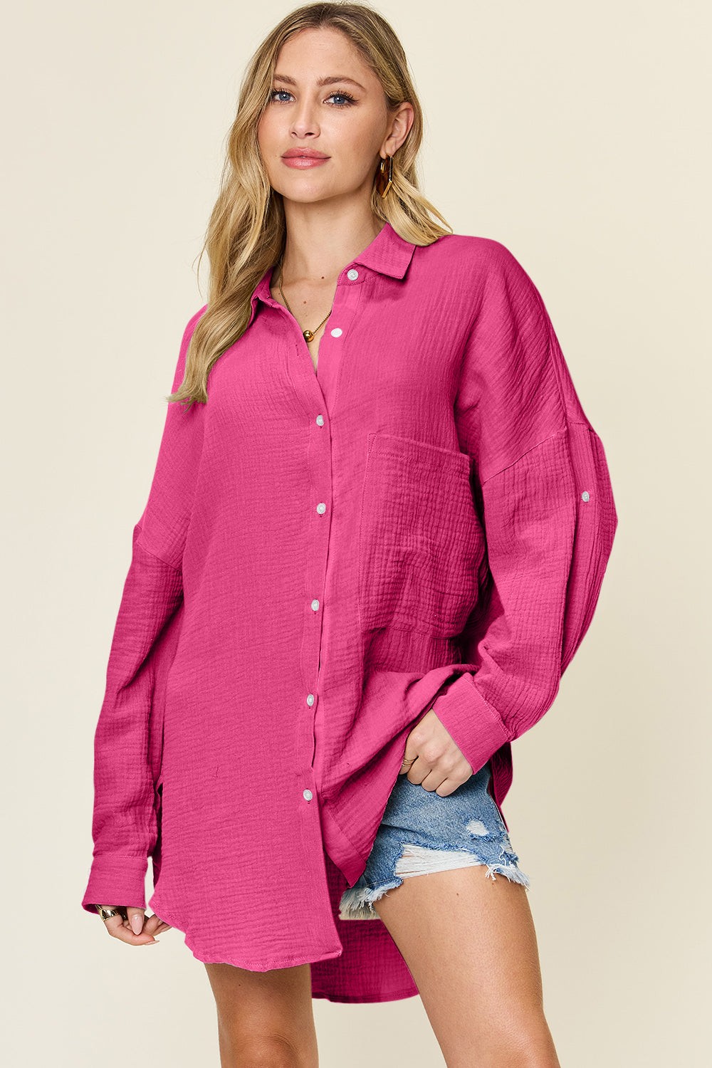 Double Take Pocketed Texture Button Up Shirt