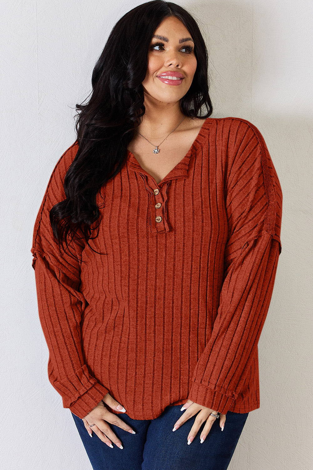 Basic Bae Ribbed Half Button Long Sleeve T-Shirt