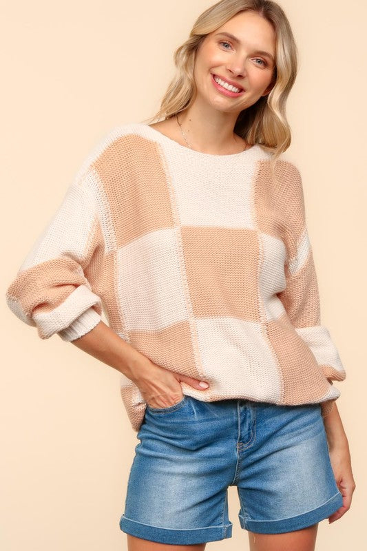 Haptics Checkered Round Neck Drop Shoulder Sweater