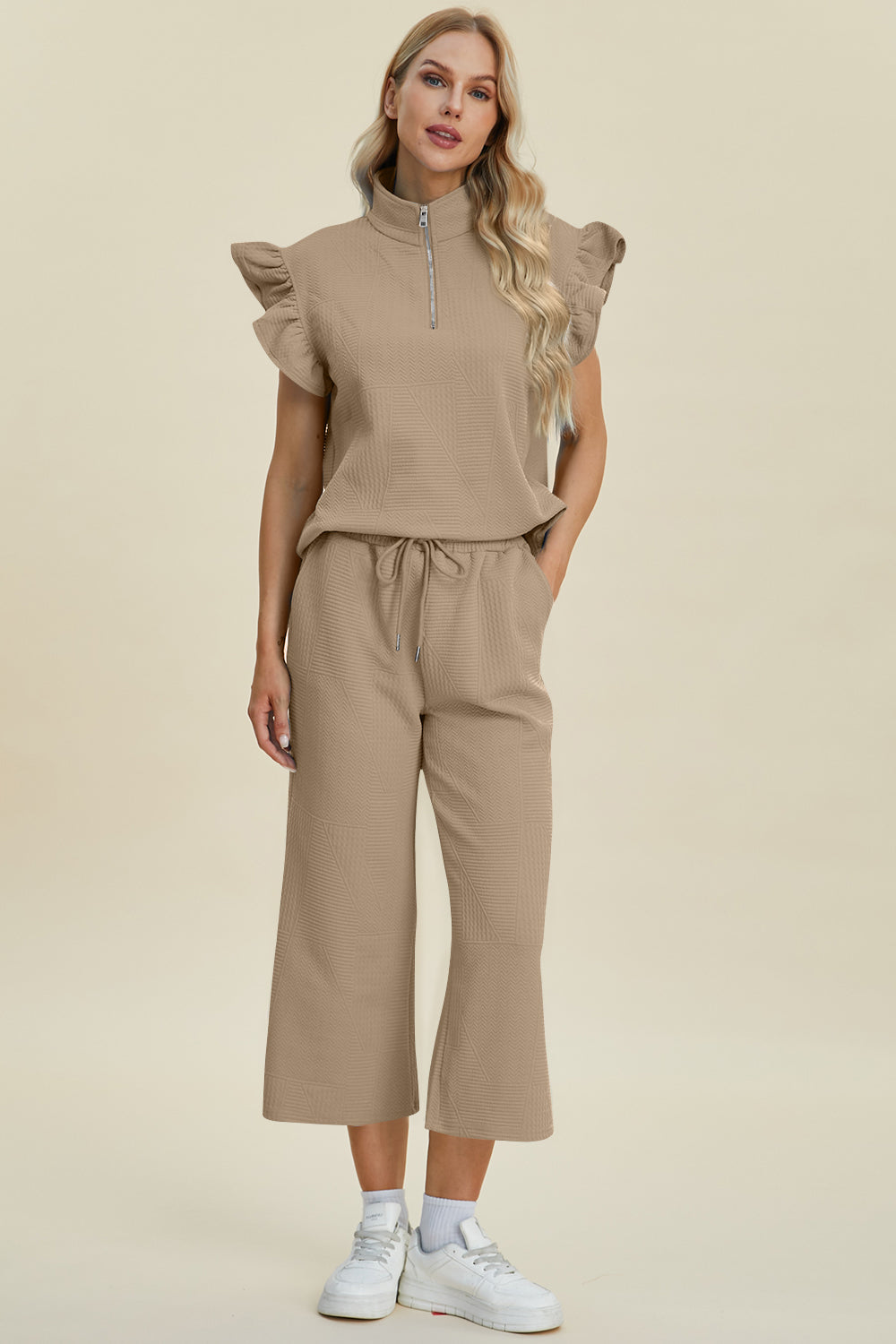 Double Take Full Size Texture Ruffle Short Sleeve Top and Wide Leg Pants Set - Boho Soho