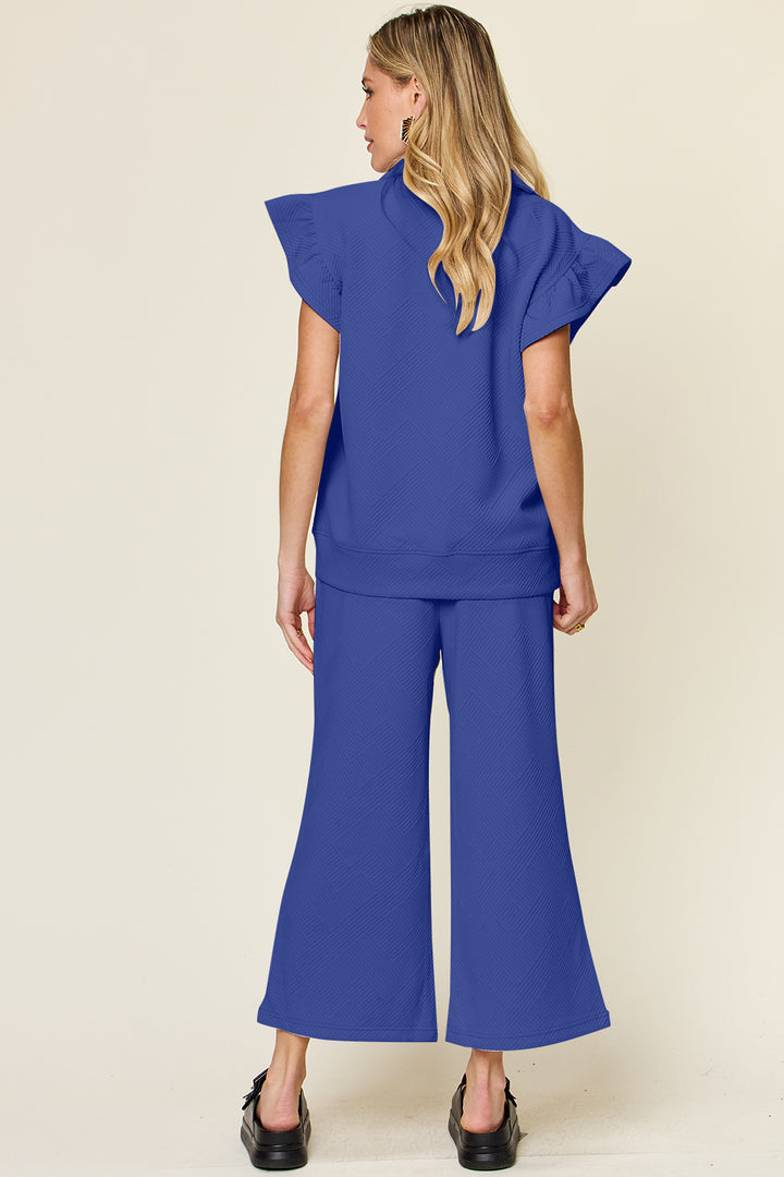 Double Take Texture Ruffle Sleeve Top and Drawstring Wide Leg Pants Set