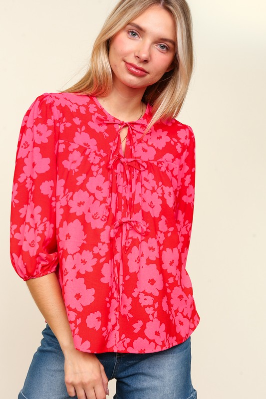 Haptics Ribbon Bow Floral Balloon Sleeve Blouse