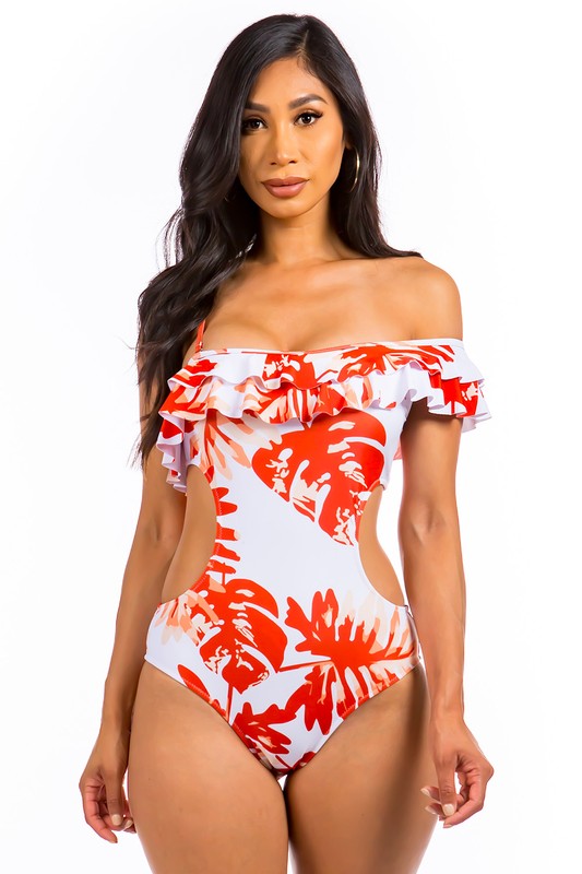 Mermaid Swimwear Cutout Ruffle Palm Print ONE PIECE BATHING SUIT