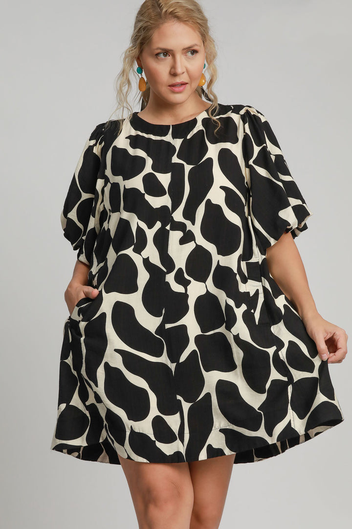 Umgee Two Tone Abstract Print Puff Sleeve Dress