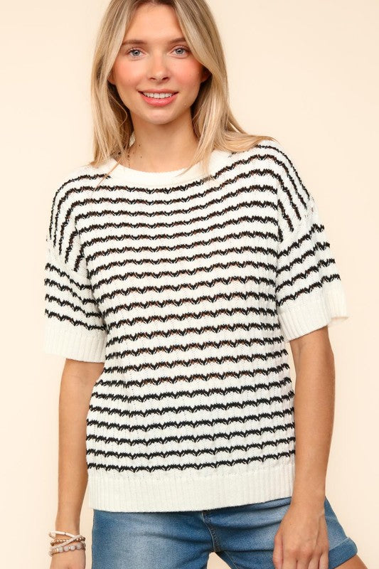 Haptics Openwork Striped Round Neck Half Sleeve Knit Top