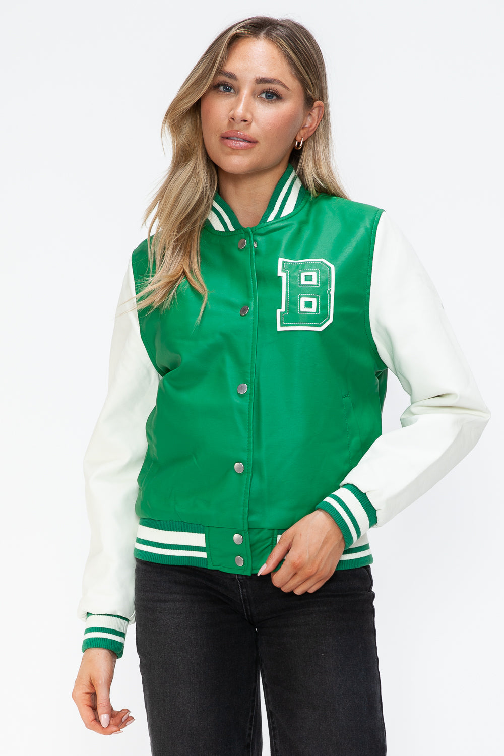 Love Me Now PU Leather Contrast Snap Down Bomber Jacket - Boho Soho