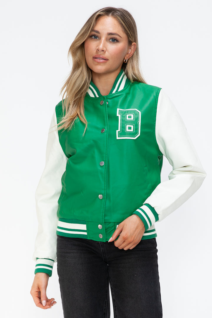 Love Me Now PU Leather Contrast Snap Down Bomber Jacket - Boho Soho