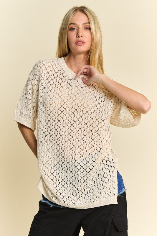 Davi & Dani Side Slit Openwork Round Neck Half Sleeve Knit Top