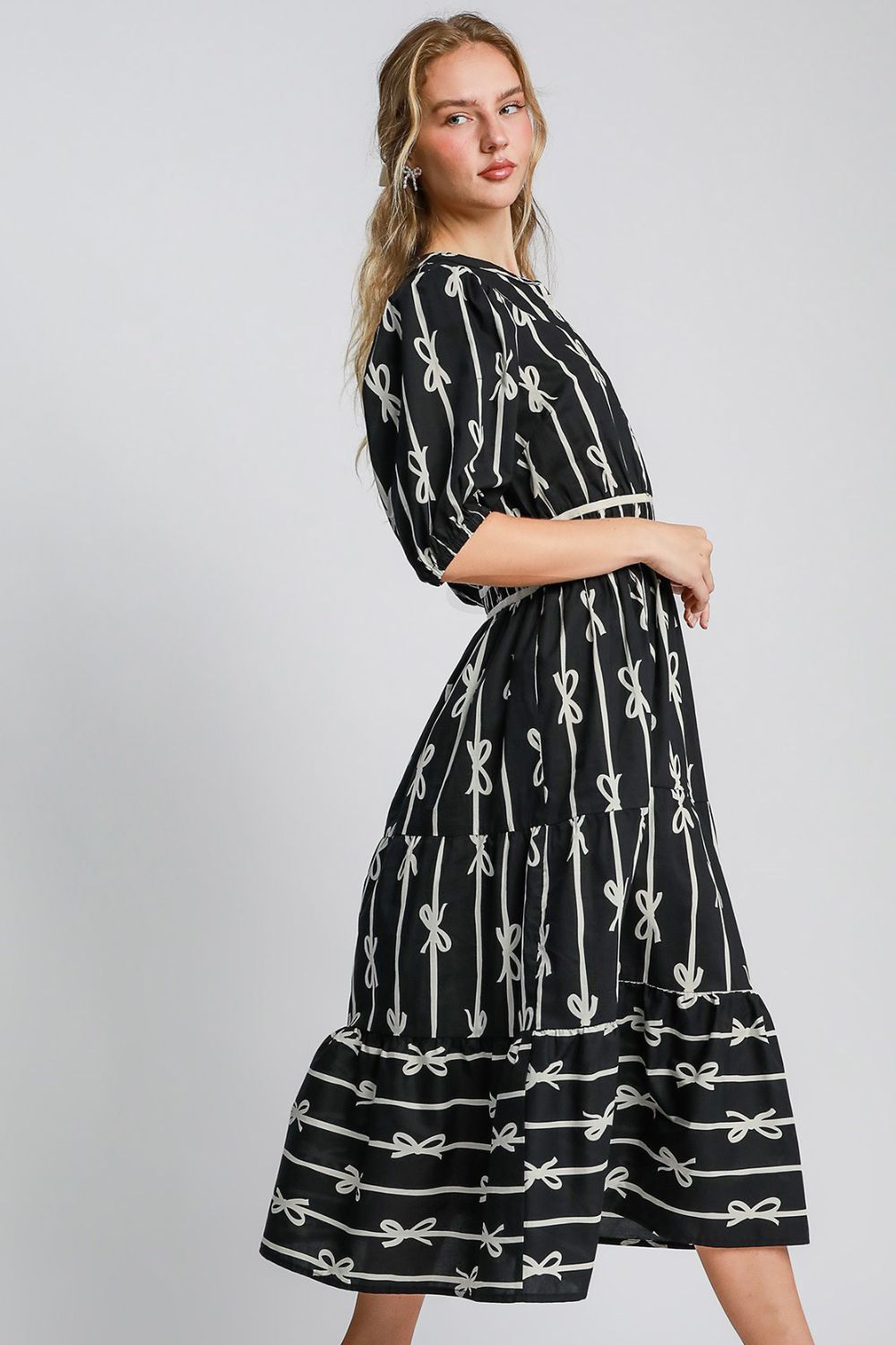 Umgee Bow Print Notched Contrast Velvet Trim Midi Dress