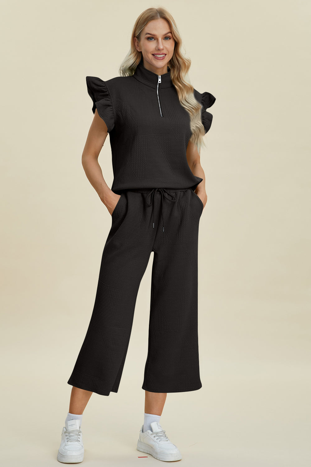Double Take Full Size Texture Ruffle Short Sleeve Top and Wide Leg Pants Set - Boho Soho