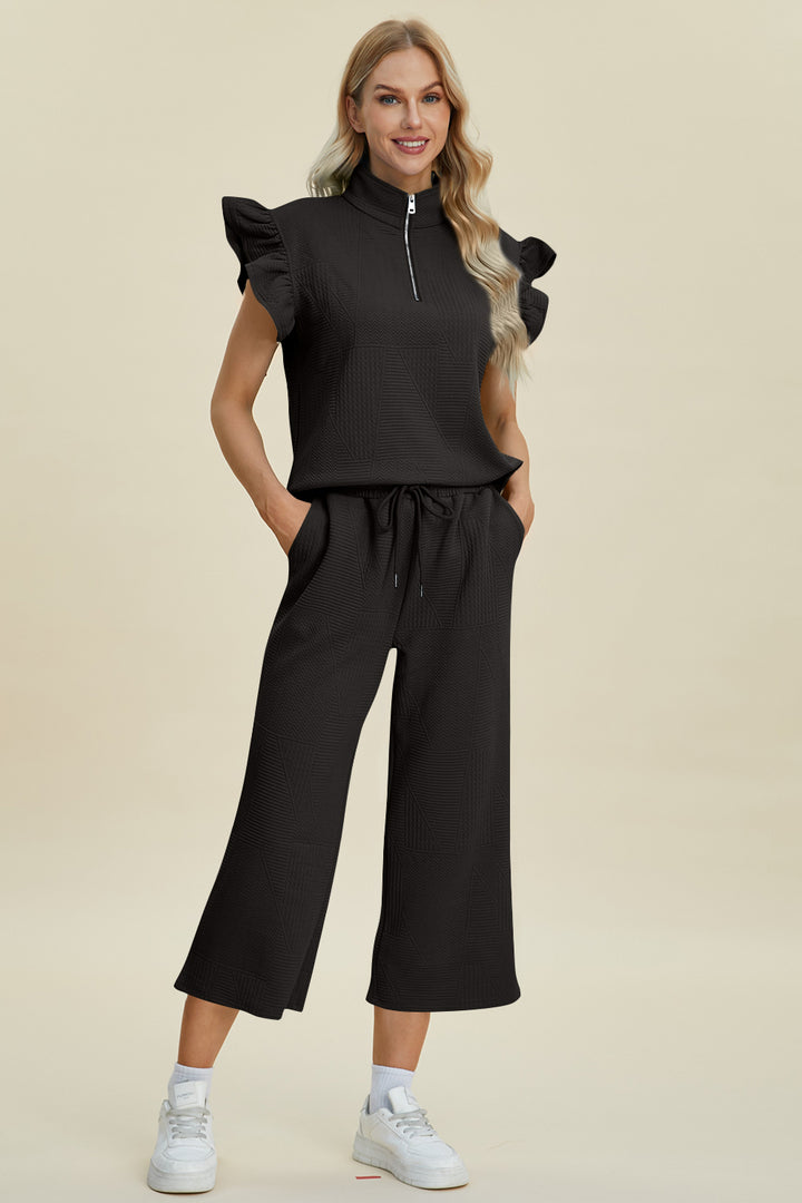 Double Take Full Size Texture Ruffle Short Sleeve Top and Wide Leg Pants Set - Boho Soho