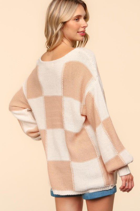 Haptics Checkered Round Neck Drop Shoulder Sweater