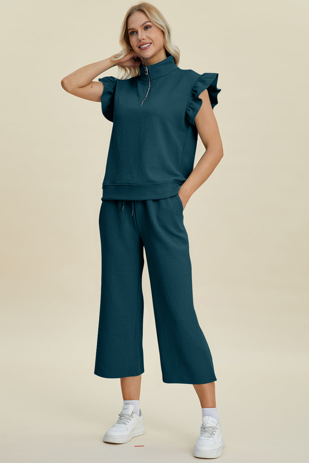 Double Take Full Size Texture Ruffle Short Sleeve Top and Wide Leg Pants Set - Boho Soho