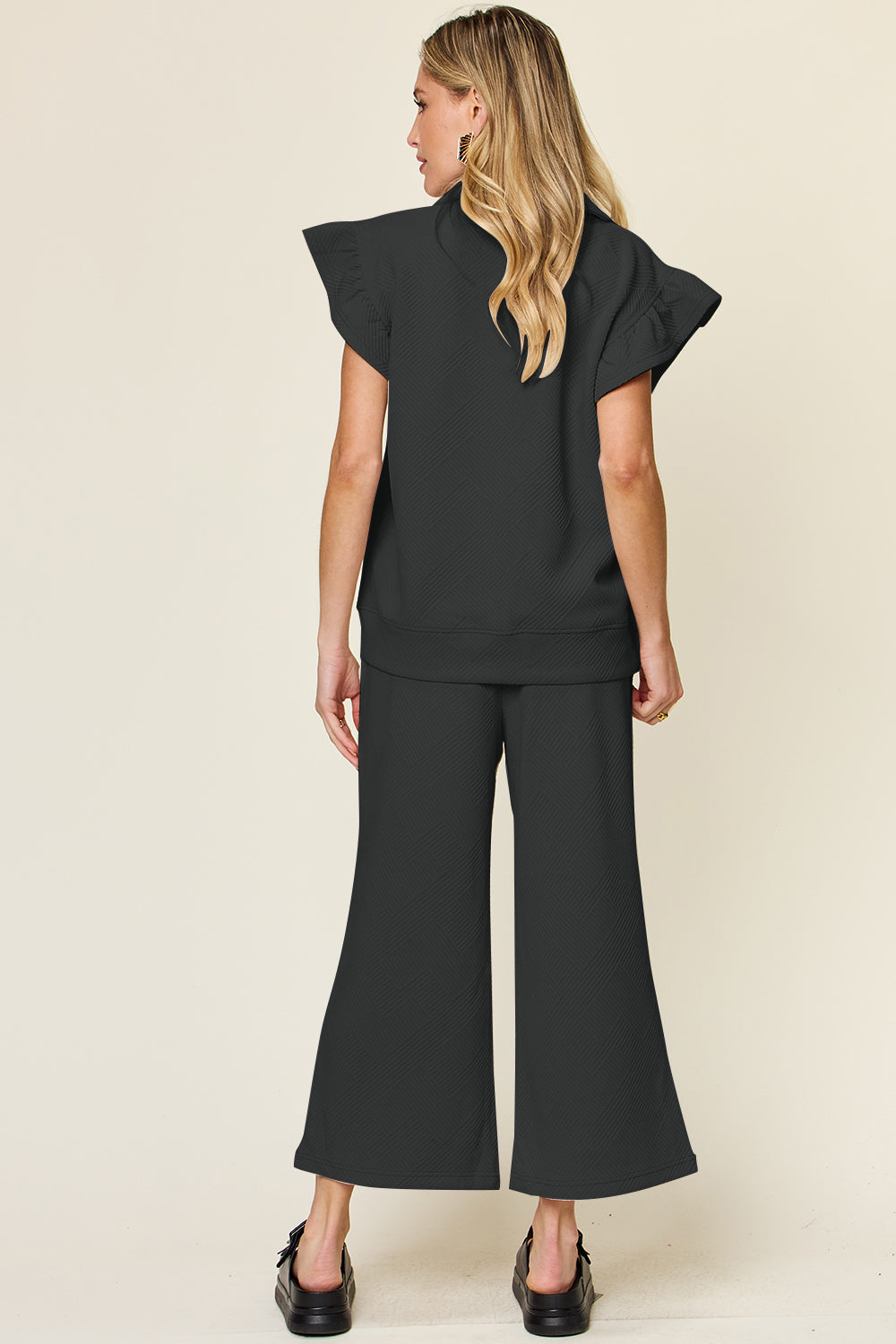 Double Take Texture Ruffle Sleeve Top and Drawstring Wide Leg Pants Set