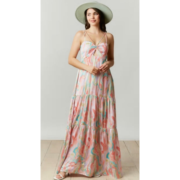 Peach Love California Marble Floral Print Chiffon Maxi Dress