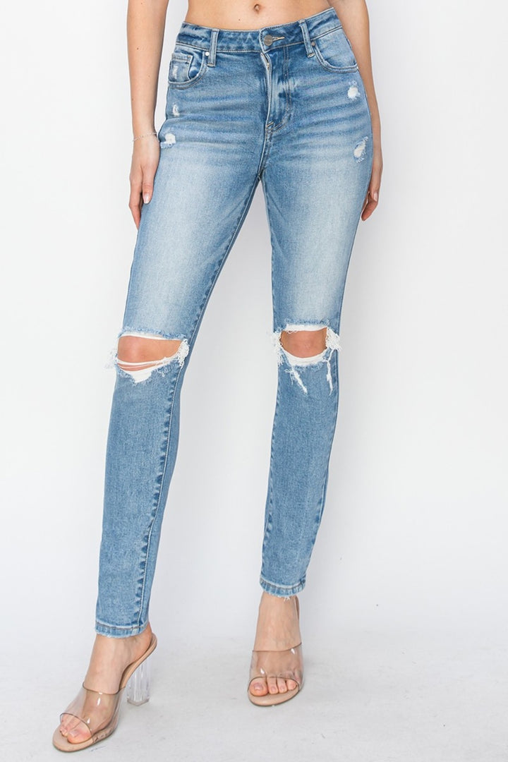 Risen High Rise Knee Distressed Skinny Jeans