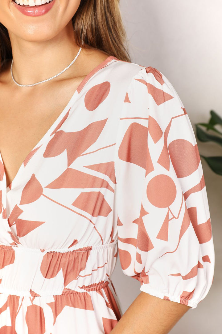 Printed Surplice Balloon Sleeve MIDI Dress