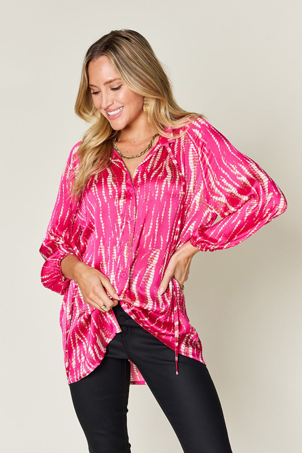 Double Take Printed Button Up Long Sleeve Shirt