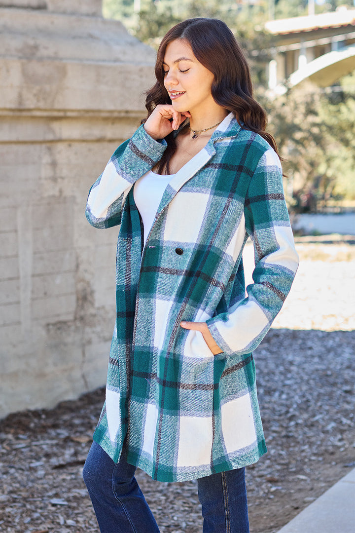 Double Take Plaid Button Up Lapel Collar Coat