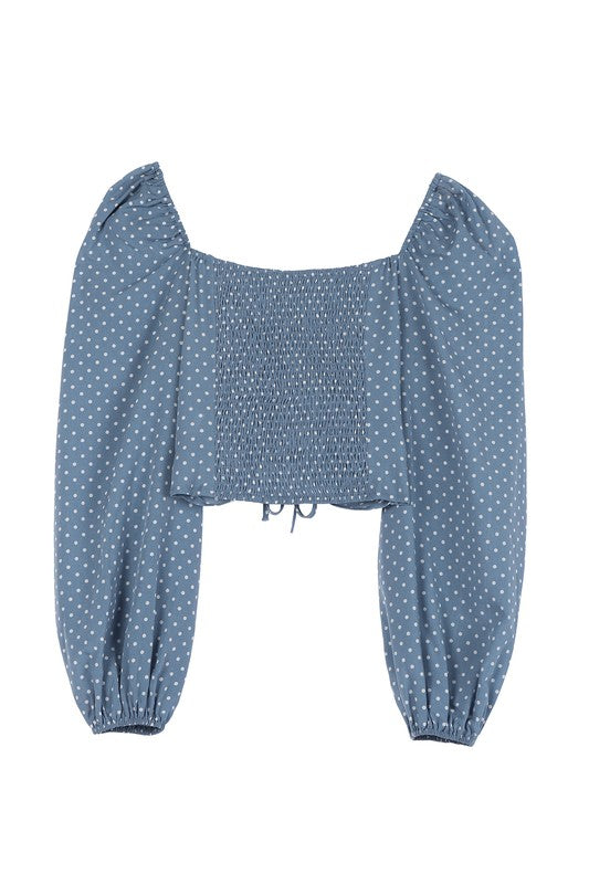 Lilou Ruched polka dot crop top with puff sleeves