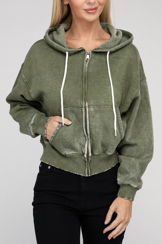 Zenana Acid Wash Fleece Cropped Zip-Up Hoodie - Boho Soho