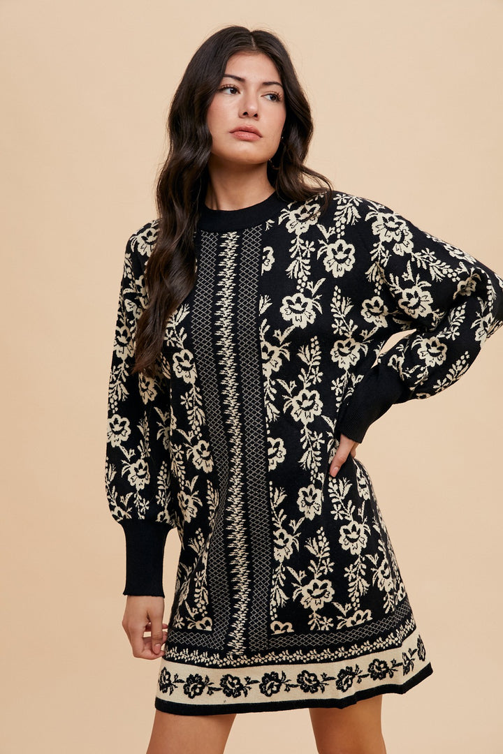 Annie Wear Floral Jacquard Round Neck Sweater Dress