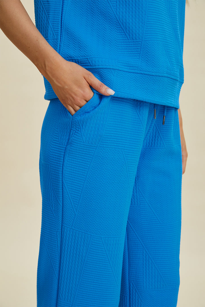 Double Take Full Size Texture Ruffle Short Sleeve Top and Wide Leg Pants Set - Boho Soho