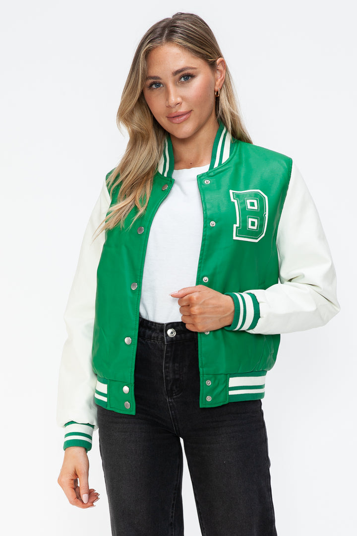 Love Me Now PU Leather Contrast Snap Down Bomber Jacket - Boho Soho