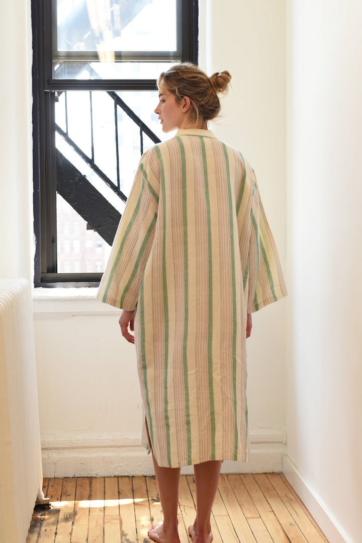 Home & Loft Turkish Cotton Green Ivory Montauk Long Sleeve Maxi Kaftan