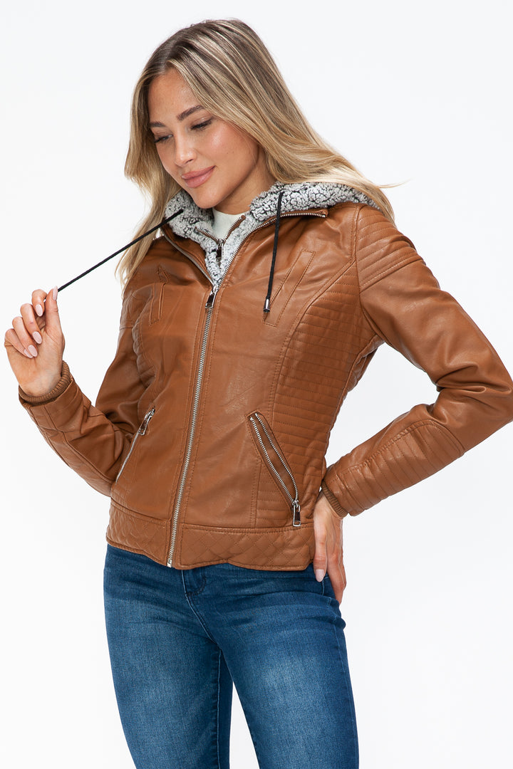 YMI Faux Layered Double-Zipper Faux Leather Jacket with Fuzzy Hood