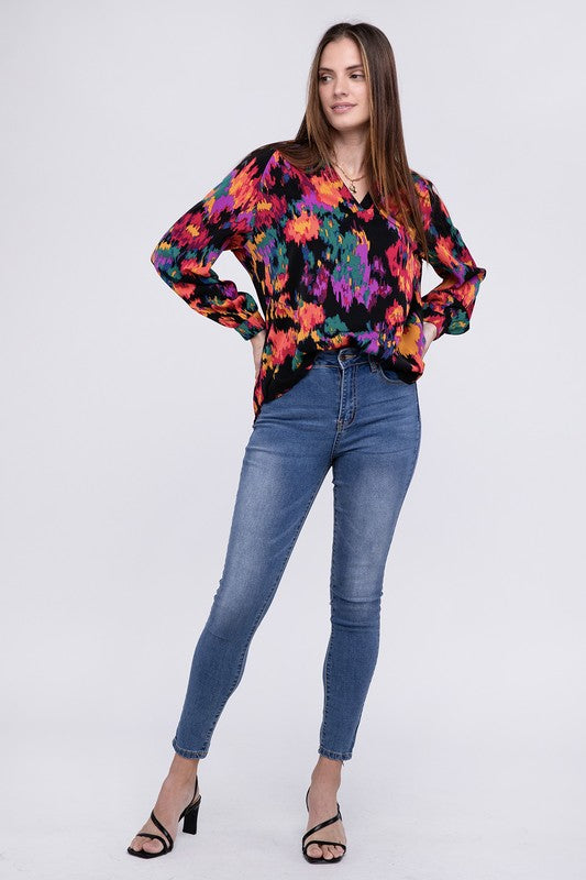 Abstract Floral Raglan Sleeve Blouse