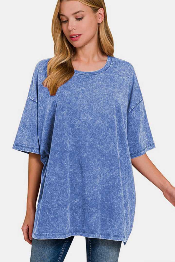 Zenana Washed Round Neck Drop Shoulder Oversized T-Shirt