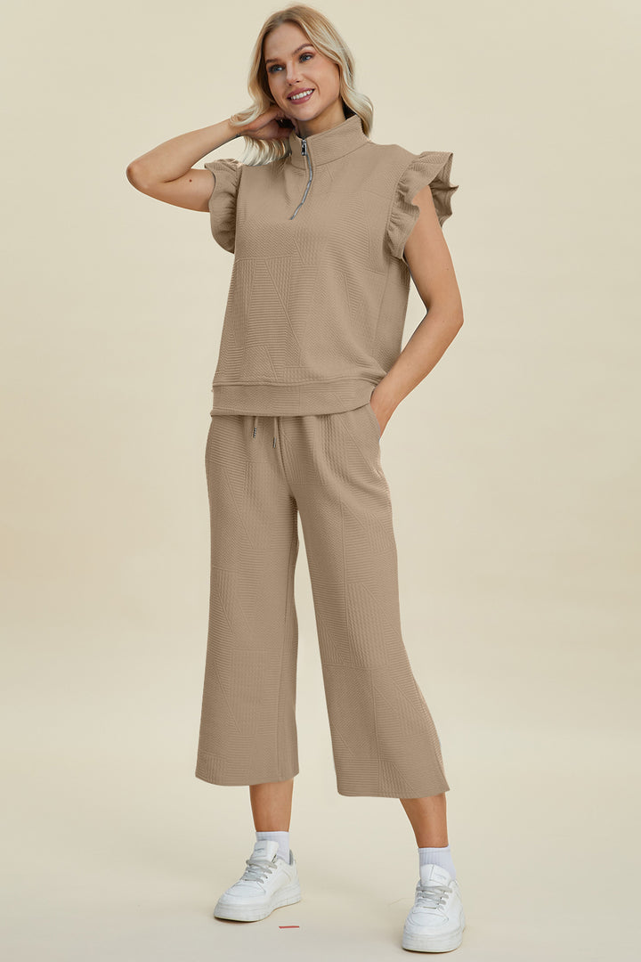 Double Take Full Size Texture Ruffle Short Sleeve Top and Wide Leg Pants Set - Boho Soho