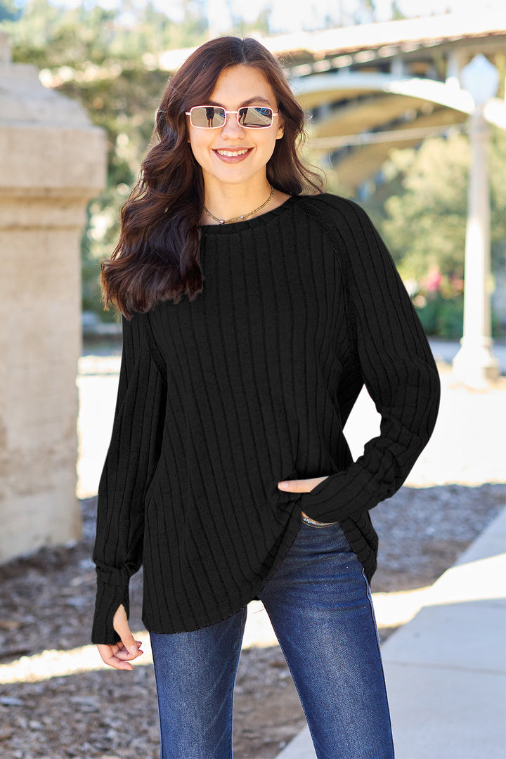 Basic Bae Ribbed Round Neck Long Sleeve Knit Top