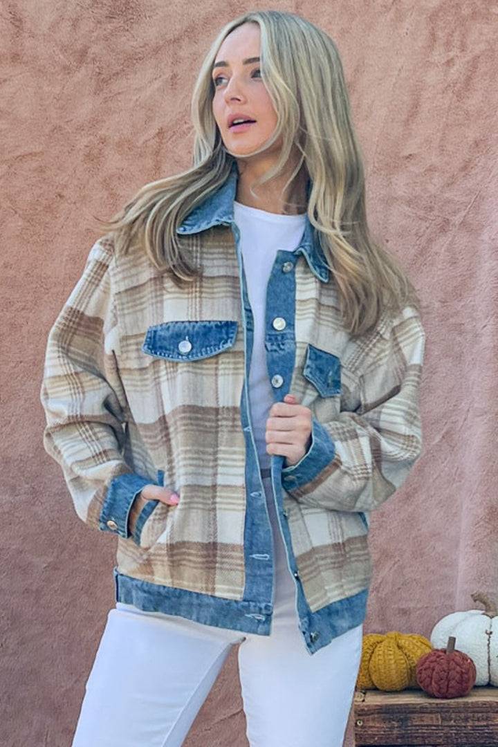 And The Why Washed Denim Detail Brushed Plaid Jacket