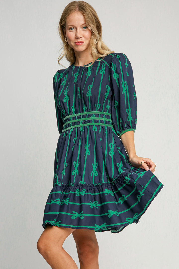 Umgee Bow Print Frill Contrast Velvet Trim Half Sleeve Dress