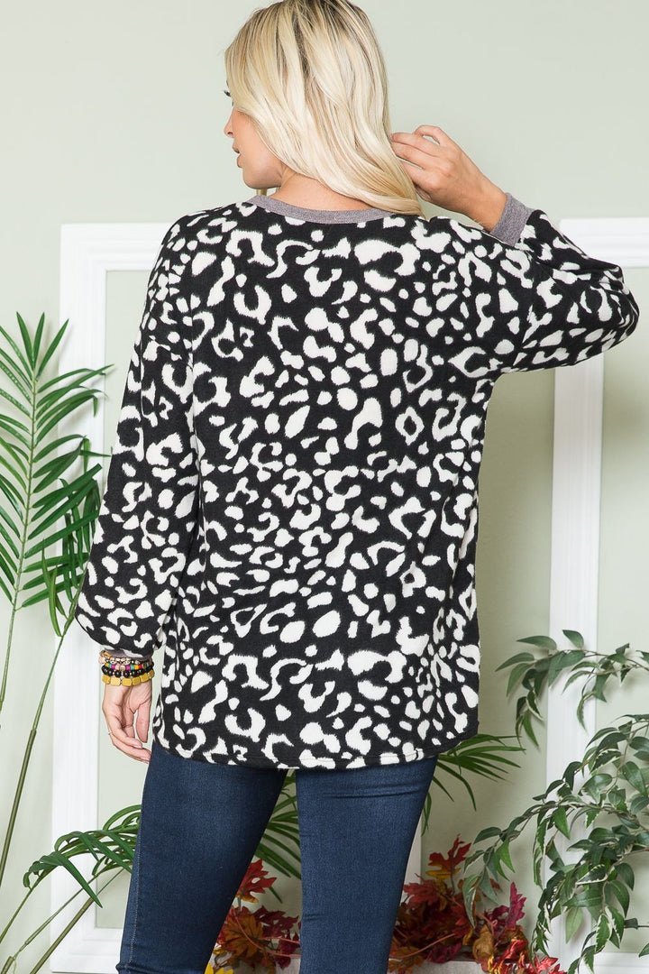 Celeste Leopard V-Neck Long Sleeve Blouse