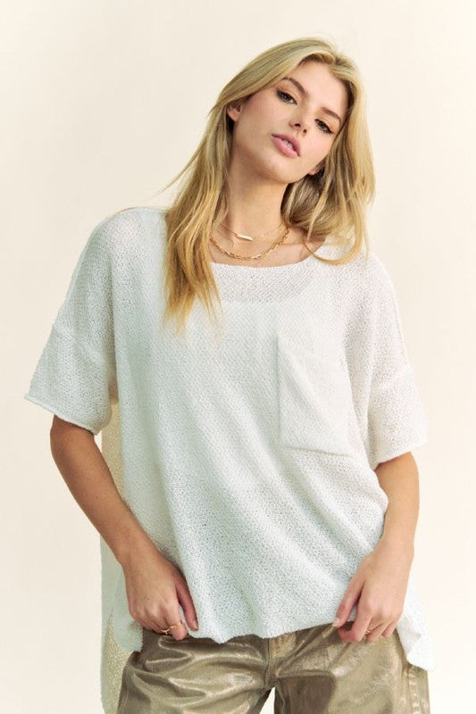 Davi & Dani Side Slit Round Neck Half Sleeve Knit Top