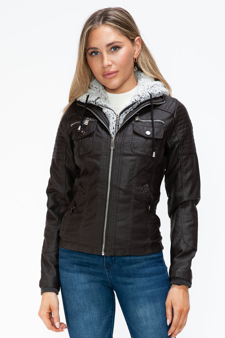 YMI Removable Faux Layered Multi-Pocket Faux Leather Jacket with Fuzzy Hood