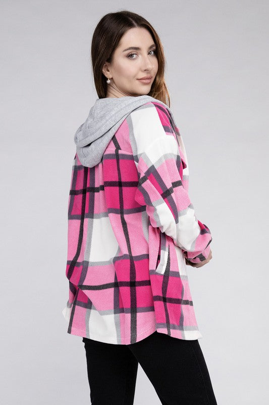 Zenana Plaid Drawstring Hooded Fleece Shacket