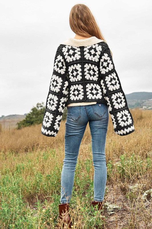 Davi & Dani Two-Tone Floral Square Crochet Open Knit Cardigan