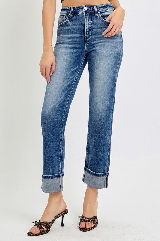 RISEN High Rise Crop Straight Roll Up Jeans