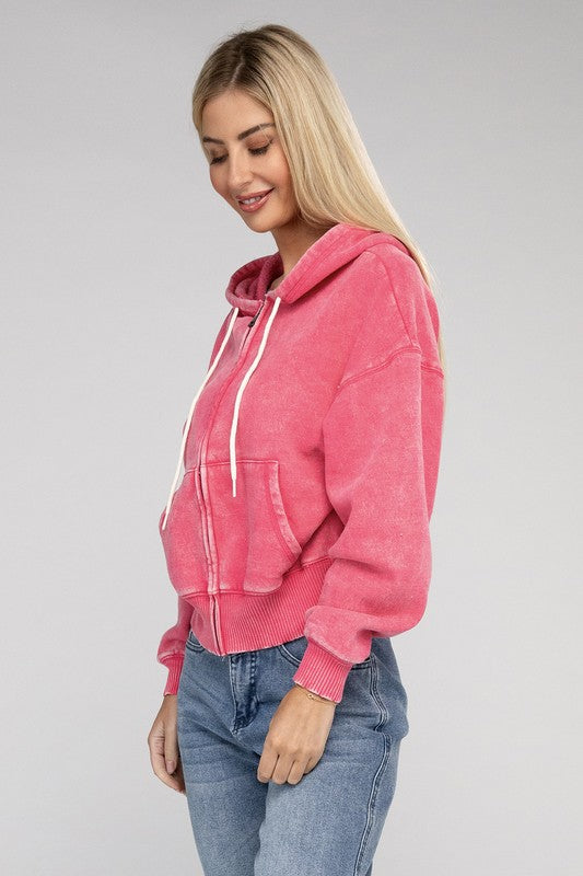 Zenana Acid Wash Fleece Cropped Zip-Up Hoodie - Boho Soho