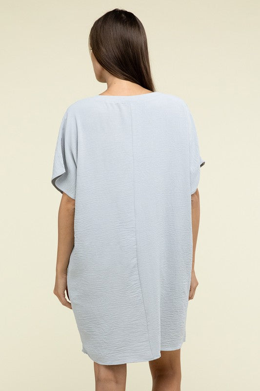 Zenana Woven Airflow V Neck T-Shirt Dress with Pockets