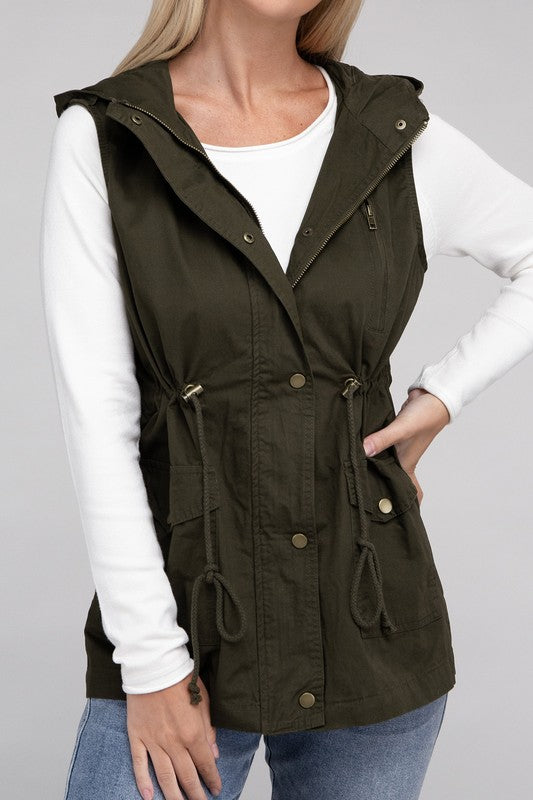 Zenana Drawstring Waist Military Hoodie Vest